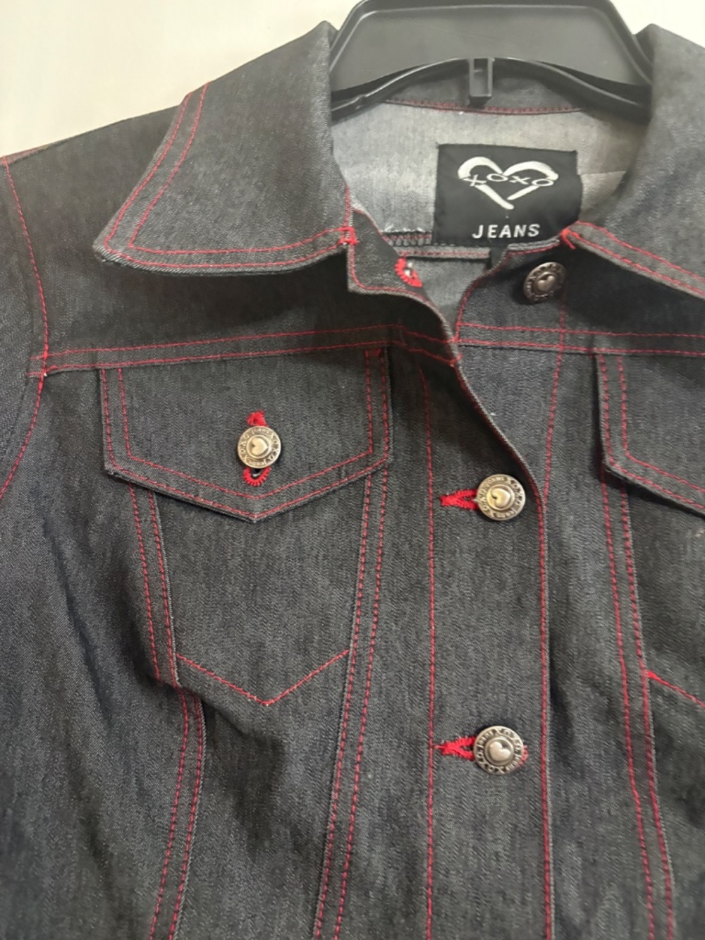 VINTAGE 1990s X0X0 JEANS Dark Blue with Red thread detail Denim Jacket - Size S - Picture 4 of 14